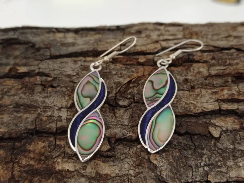 Unique abalone shell and blue enamel effect resin mexican infinite earrings,Silver plated hook earrings, geometric earrings