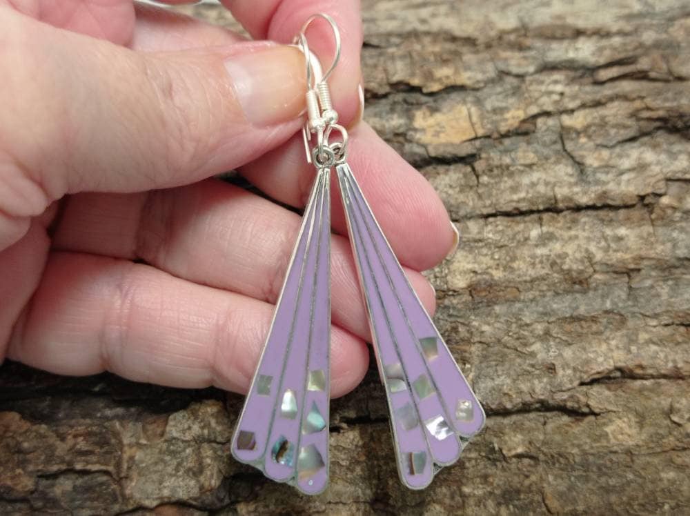 Abalone inlay purple fan earrings , mexican silver plated hook earrings, mexican jewelry,mosaic purple resin wing  earrings