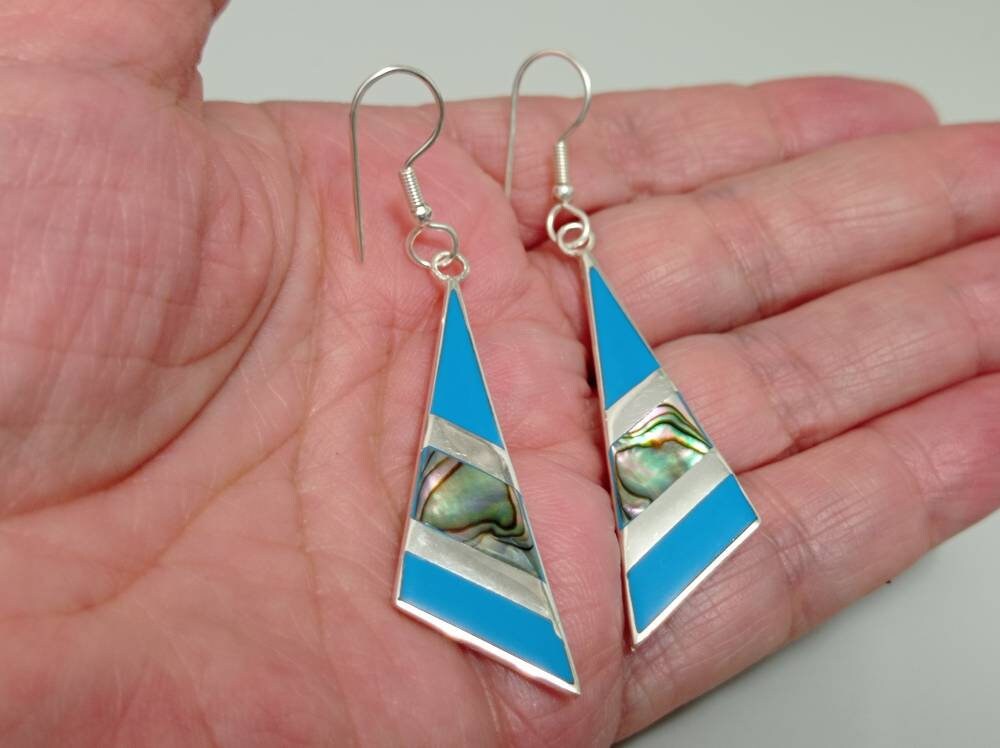 Art deco abalone inlay light blue triangle earrings, Mexican earrings, Silver plated earrings, chandelier  earrings, geometric jewelry