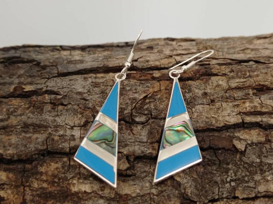 Art deco abalone inlay light blue triangle earrings, Mexican earrings, Silver plated earrings, chandelier  earrings, geometric jewelry