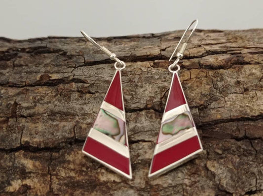 Art deco abalone inlay red triangle earrings, Mexican earrings,silver plated earrings, Hook geometric red enamel effect resin earrings,