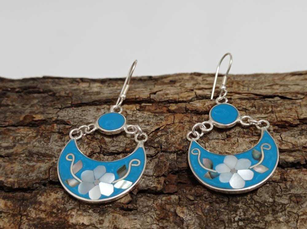 Mother of pearl daisy hoop moon  mexican earrings, Silver plated  blue hook earrings, hippie earrings, floral Earrings,blue enamel earrings