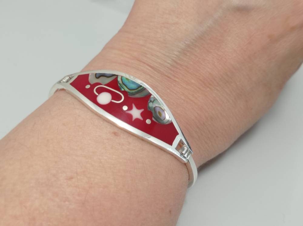 Abalone inlay moon and saturn  bracelet, Silver plated celestial bracelet, red bracelet, Planet bohochic jewelry, landscape mexican bracelet