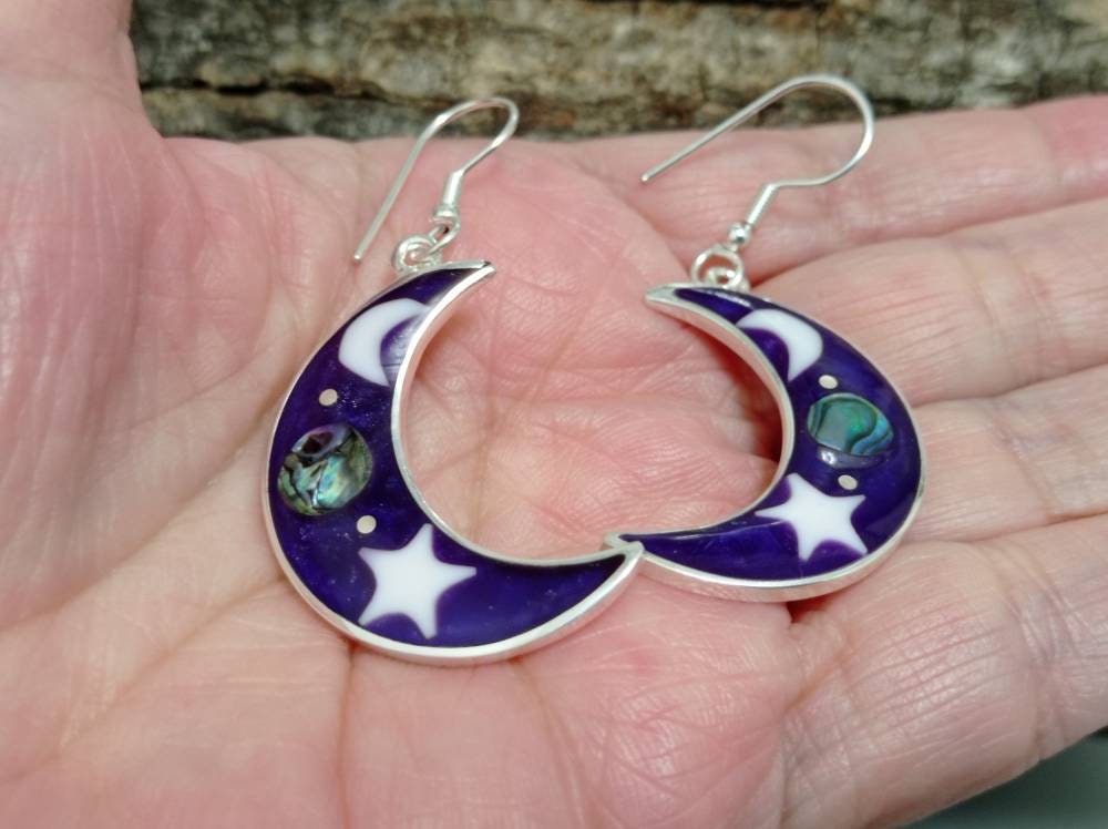 Abalone inlay moon and star mexican  earrings, ,Silver plated planet earrings,Hook cosmic earrings, landscape earrings,purple earrings