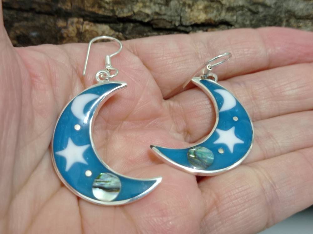 Celestial earrings,abalone inlay moon and star mexican blue earrings, ,Silver plated planet earrings,Hook cosmic earrings,landscape earrings