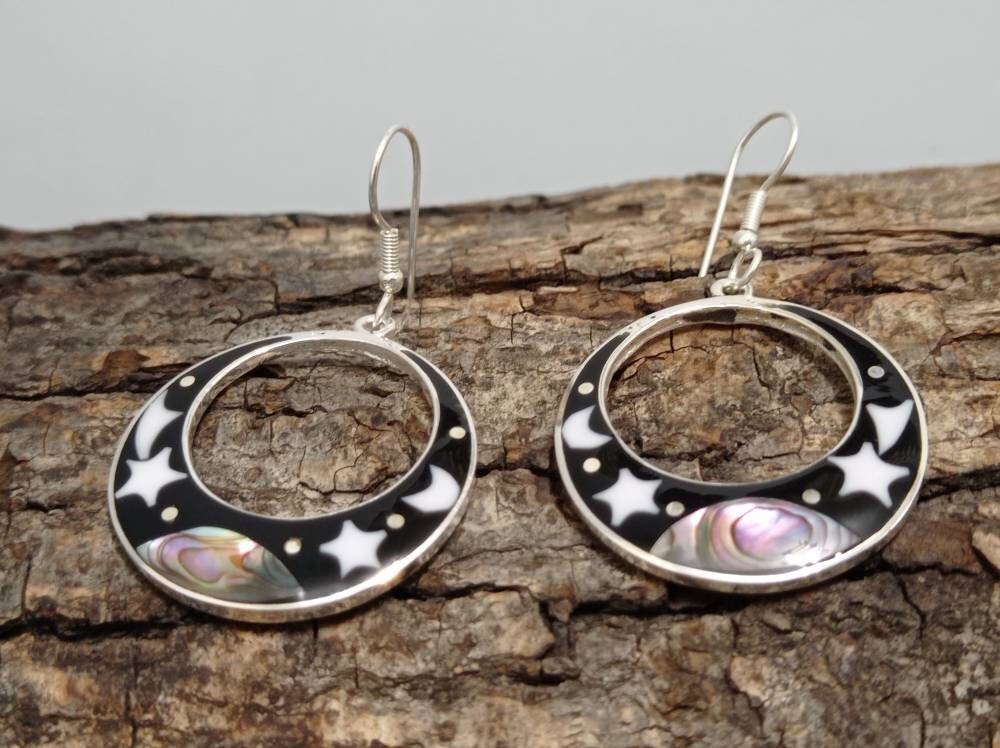 Mother of pearl moon and star earrings,abalone inlay hoop dangle black earrings ,silver plated kite hook dangle earrings, landscape earrings