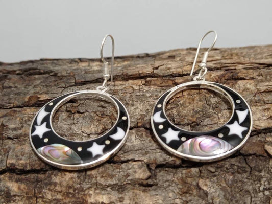 Mother of pearl moon and star earrings,abalone inlay hoop dangle black earrings ,silver plated kite hook dangle earrings, landscape earrings