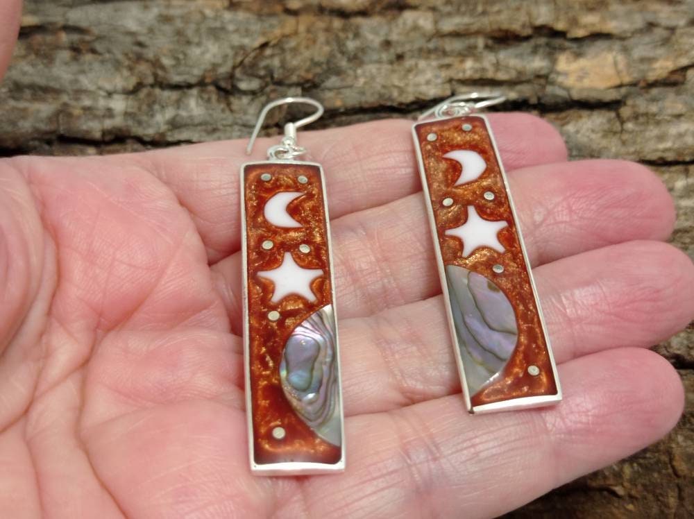 Celestial earrings,abalone inlay moon and star brown earrings, Mexican earrings, Silver plated hook celestial earrings, landscape earrings