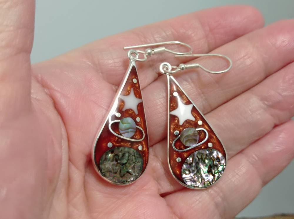 Abalone brown celestial drop earrings, silver plated galaxy mexican earrings, Hook saturn earrings, landscape earrings, dangle earrings