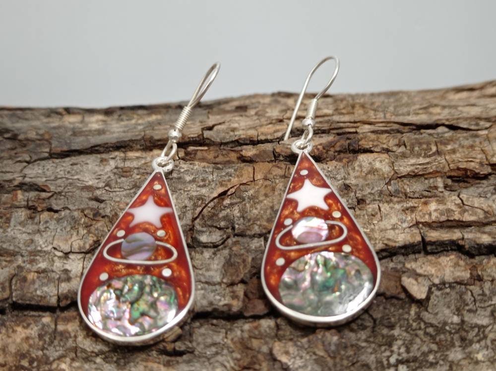 Abalone brown celestial drop earrings, silver plated galaxy mexican earrings, Hook saturn earrings, landscape earrings, dangle earrings