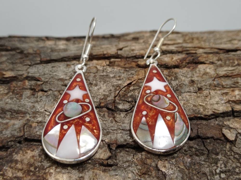 Celestial teardrop earrings,abalone inlay landscape mexican earrings , Silver plated dangle earrings, Hook saturn earrings,Boho star jewelry