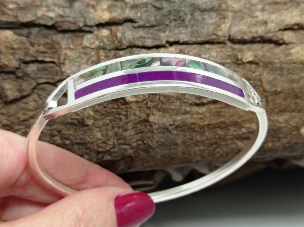 Rectangle abalone mexican bracelet and purple enamel effect resin, art deco silver plated bracelet,  geometric bracelet