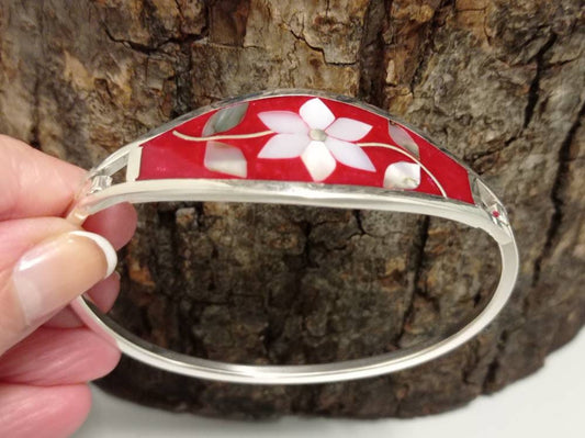 Mother of pearl flower & abalone inlaid in red resin  silver plated mexican hinged bangle