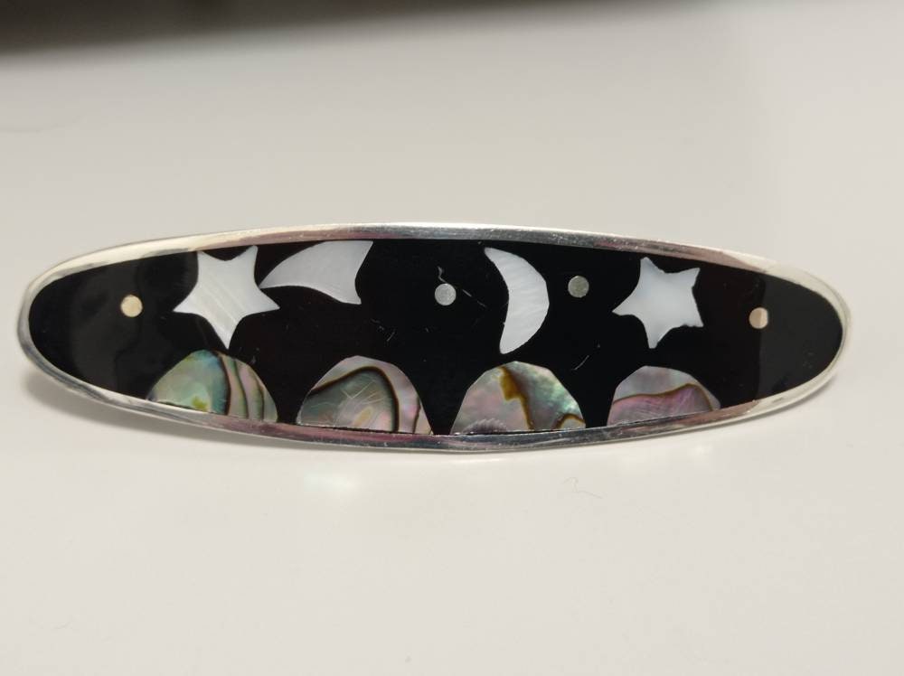 Celestial black hair clip, moon ,star and kite hair barrette planet silver plated abalone and mother of pearl hair clip