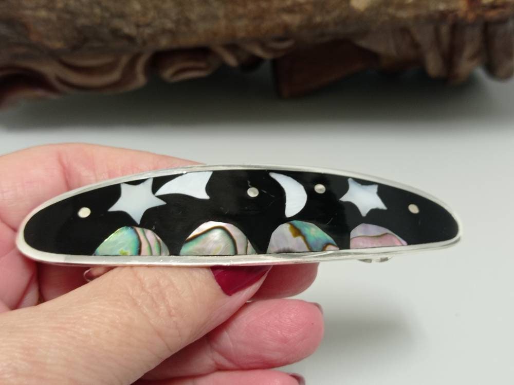 Celestial black hair clip, moon ,star and kite hair barrette planet silver plated abalone and mother of pearl hair clip