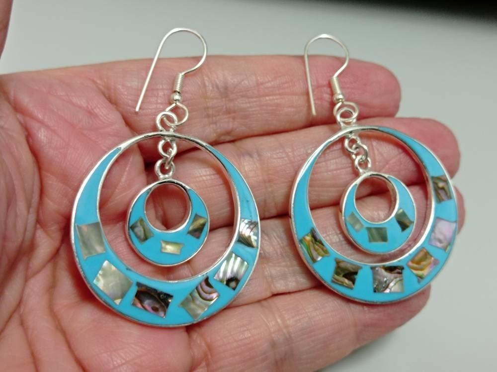 Mexican abalone inlay blue resin double hoop silver plated earrings,