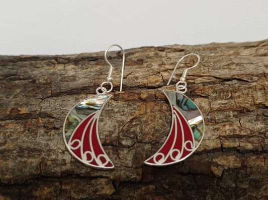 Handmade art deco style abalone crescent moon by earring , red enamel effect resin celestial earrings ,Silver plated planet dangle earrings,