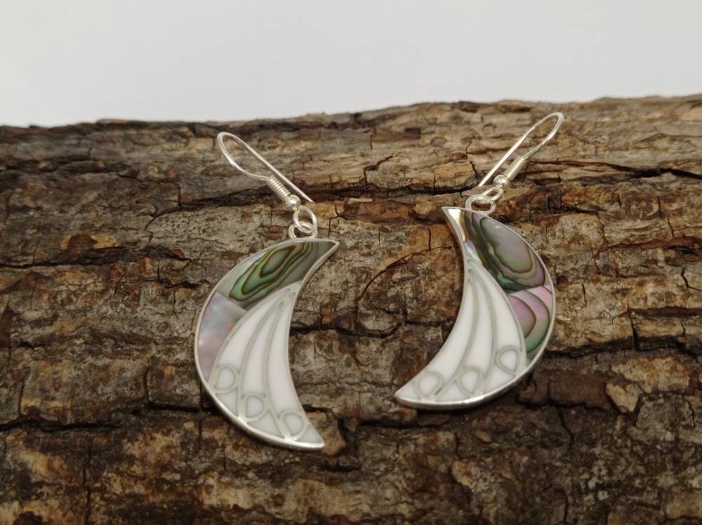 Celestial earrings, abalone and  white resin crescent moon earrings,silver plated planet earrings,Hook  celestial earrings,cosmic earrings