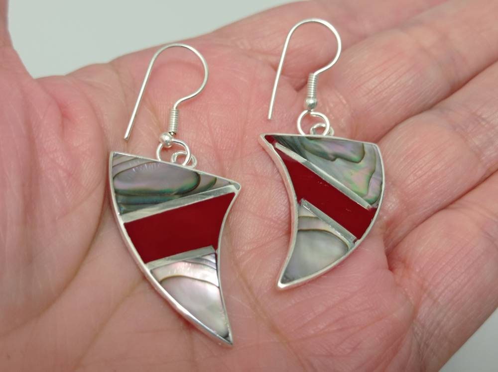 Art deco abalone inlay red canine earrings, Mexican earrings, Silver plated earrings, Hook chandelier  earrings, geometric jewelry