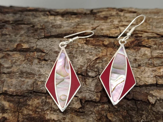 Art deco oval abalone shell and red enamel effect resin mexican earrings,Silver plated rhombus earrings, Hook geometric earrings,handmade