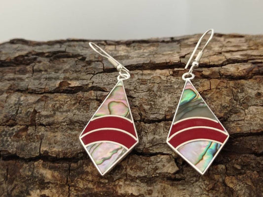 Art deco triangle abalone  and red enamel effect resin mexican earrings,Silver plated rhombus earrings, Hook geometric earrings,handmade