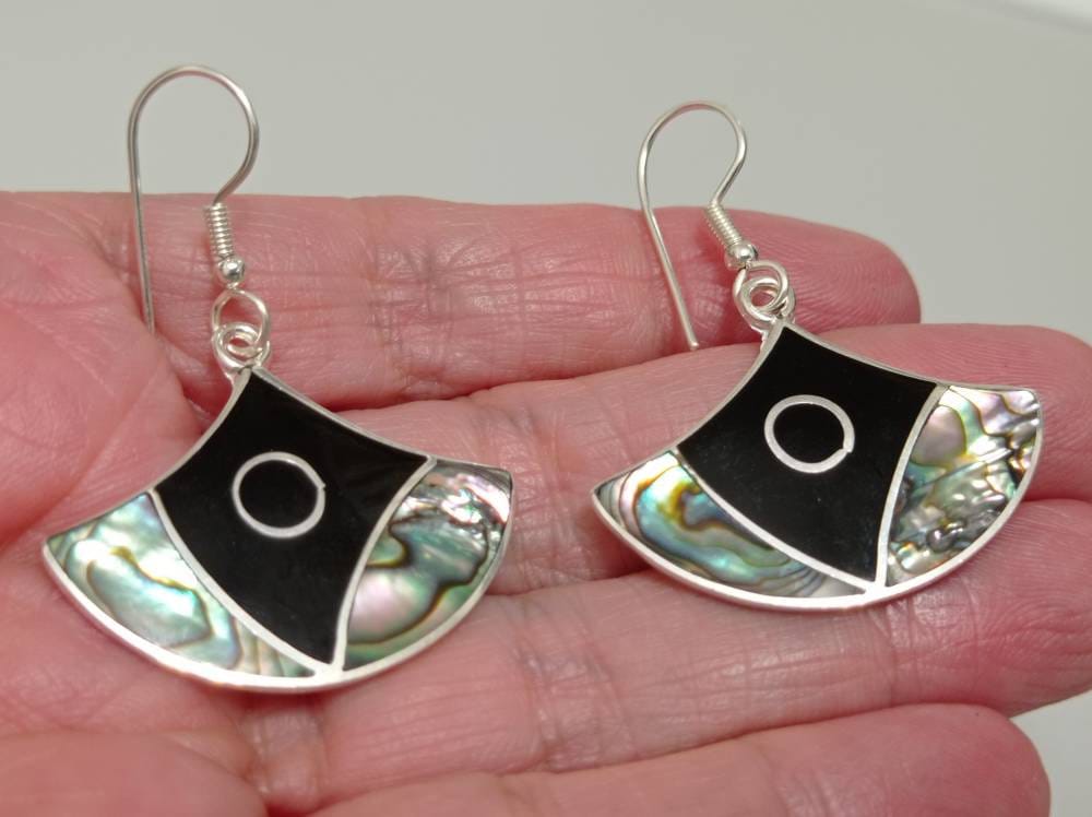 Handmade abalone shell inlay and black enamel effect resin mexican earrings,silver plated  fan earrings, Hook dangle earrings,