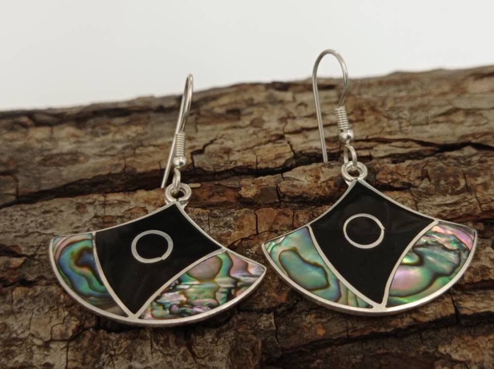 Handmade abalone shell inlay and black enamel effect resin mexican earrings,silver plated  fan earrings, Hook dangle earrings,