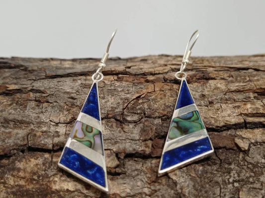 Art deco abalone inlay dark blue resin triangle earrings, authentic mexican silver plated earrings, chandelier  earrings, geometric jewelry