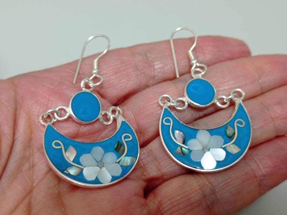 Mother of pearl daisy hoop moon  mexican earrings, Silver plated  blue hook earrings, hippie earrings, floral Earrings,blue enamel earrings