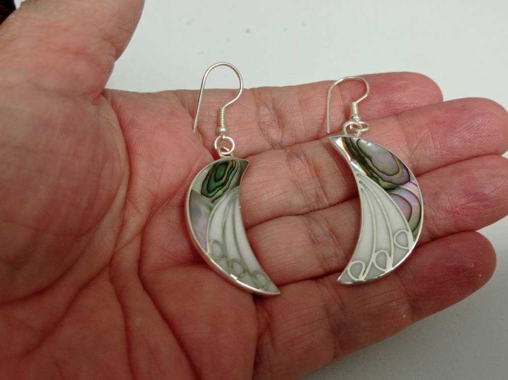 Celestial earrings, abalone and  white resin crescent moon earrings,silver plated planet earrings,Hook  celestial earrings,cosmic earrings