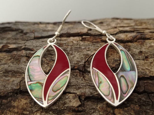 Abalone hoop earrings handmade abalone inlay red resin mexican  earrings,silver plated hook dangle oval  earrings, ,mexican jewelry