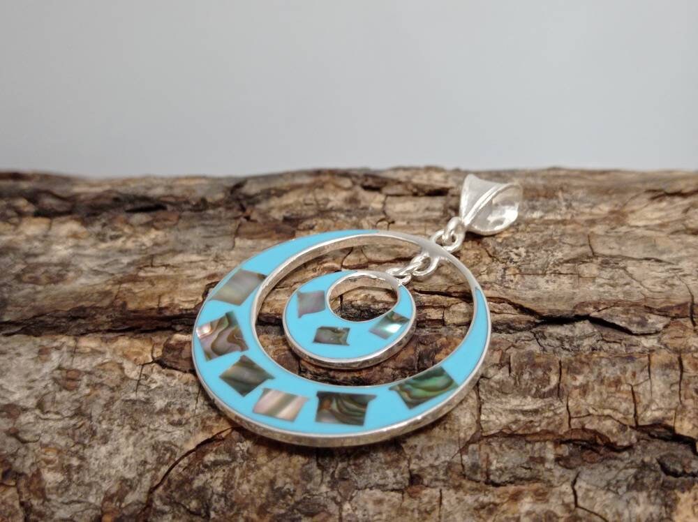 Handmade abalone inlay blue enamel effect resin pendant, double hoop pendant,handmade  Mexican pendant, Silver plated geometric pendant