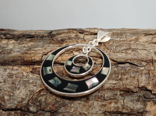 Abalone inlay with black enamel effect resin pendant, double  hoop pendant, Mexican silver plated pendant ,geometric vintage black pendant