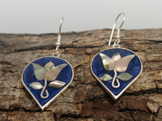 Handmade abalone tulip inlay blue earrings, Mexican earrings, Silver plated earrings, Hook earrings, Floral Earrings, Bohochic jewelry