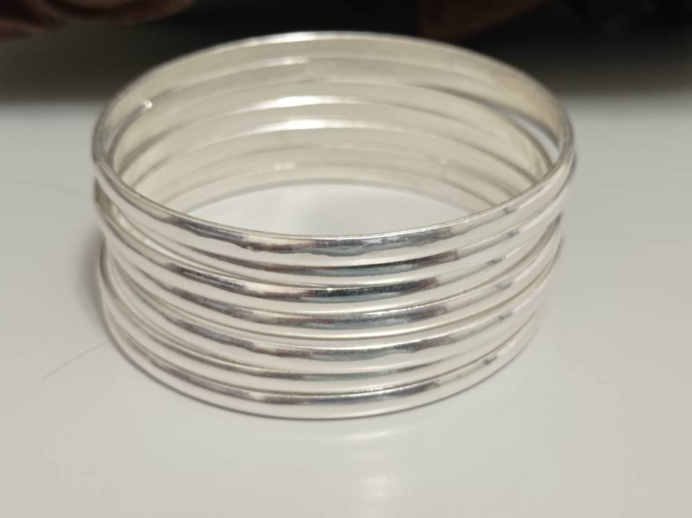 silver plated set of 7 bangles,4mm half round slave bracelets,mexican weekly stacked jewelry, wire strand set jewellery, bridesmaid bangle