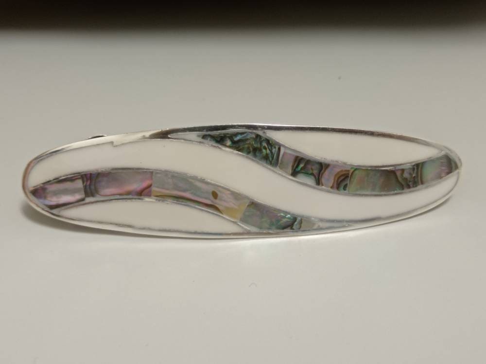 Art deco abalone inlay white hair barrette,geometric hair clip bridal,Mexican silver plated iridescent hair clip, hair jewelry, iridescent