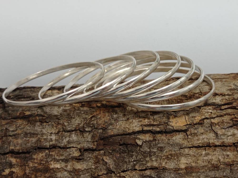 silver plated set of 7 bangles,4mm half round slave bracelets,mexican weekly stacked jewelry, wire strand set jewellery, bridesmaid bangle