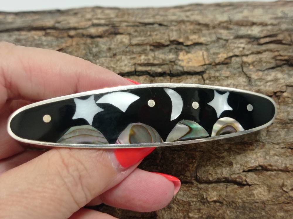 Celestial black hair clip,Mother of pearl moon ,star and kite hair barrette,planet hair slide,Silver plated landscape hair clip,cosmic slide