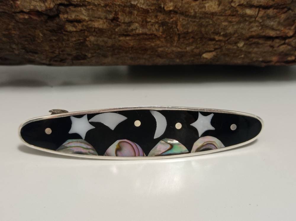 Celestial black hair clip,Mother of pearl moon ,star and kite hair barrette,planet hair slide,Silver plated landscape hair clip,cosmic slide