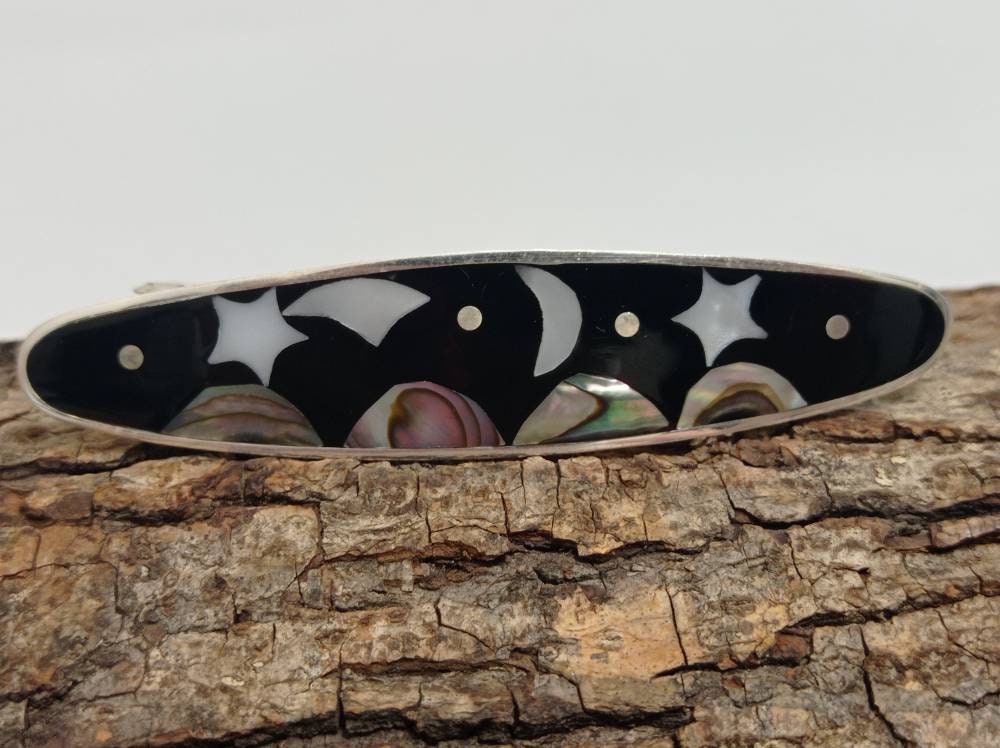 Celestial black hair clip,Mother of pearl moon ,star and kite hair barrette,planet hair slide,Silver plated landscape hair clip,cosmic slide