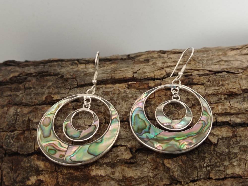 Mexican qbalone earrings,silver plated double hoop earrings, Bohochic jewelry, Ethnic handmade earrings,geometric earrings