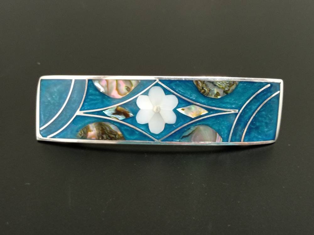 Abalone  hair barrette,mother of pearl hair clip,Mexican hair accessories, Silver plated greenish blue hair com,enamel french hair slide