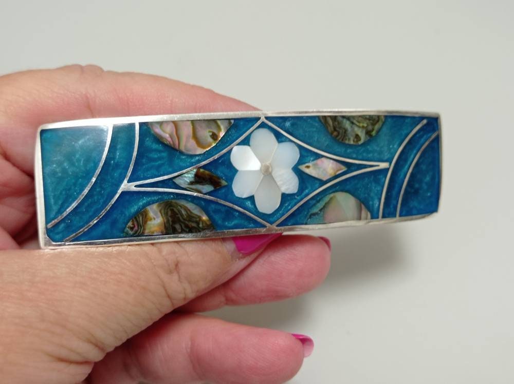 Abalone  hair barrette,mother of pearl hair clip,Mexican hair accessories, Silver plated greenish blue hair com,enamel french hair slide