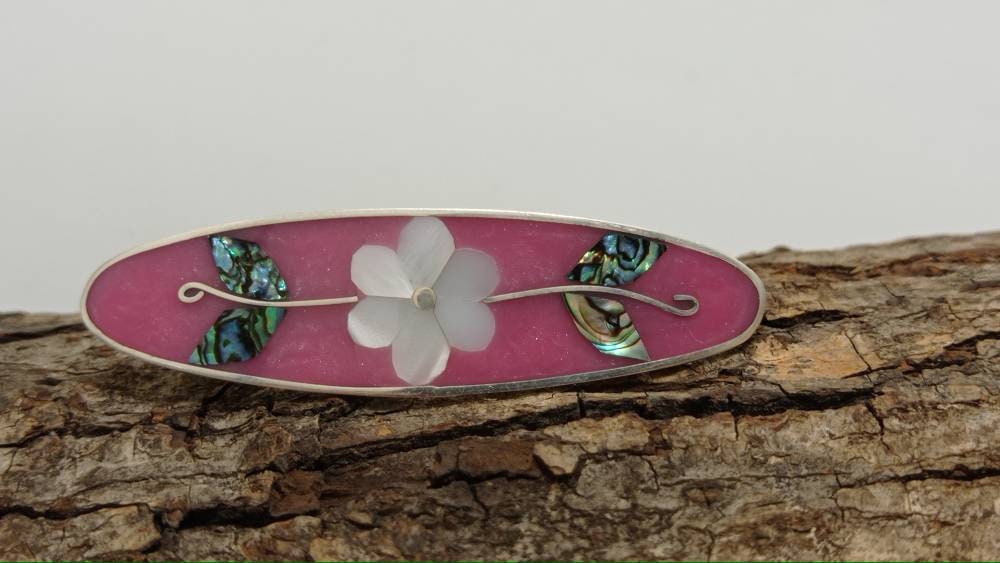 Abalone and mother of pearl daisy  inlay pink hair barrette, silver plated mexican french flower  hair clip