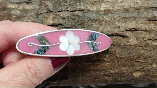 Abalone and mother of pearl daisy  inlay pink hair barrette, silver plated mexican french flower  hair clip