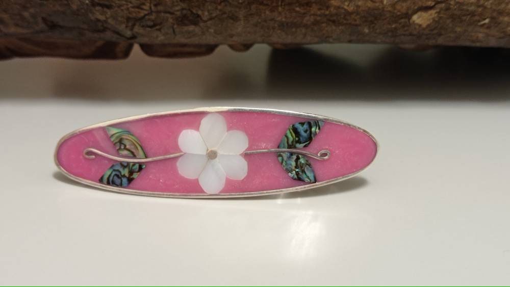 Abalone and mother of pearl daisy  inlay pink hair barrette, silver plated mexican french flower  hair clip