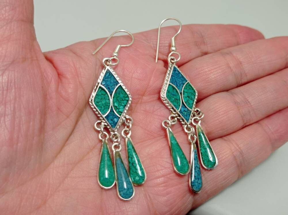 Turquoise and malachite rombus earrings, Mexican earrings, Silver plated earrings,Hook earrings, geometric dangleEarrings,Bohochic jewelry,