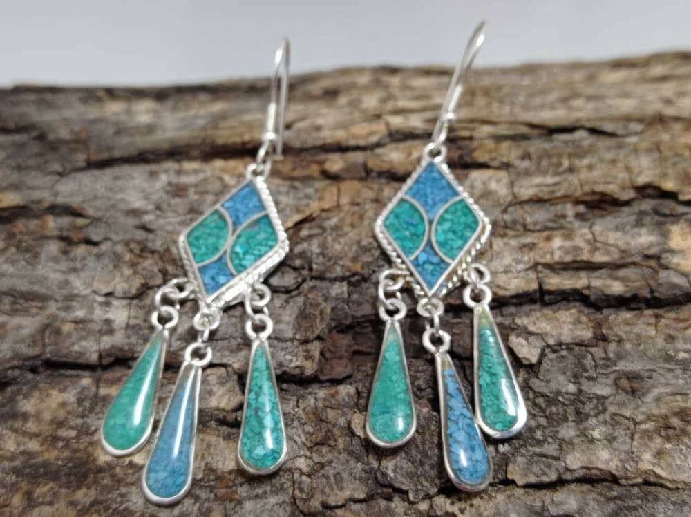 Turquoise and malachite rombus earrings, Mexican earrings, Silver plated earrings,Hook earrings, geometric dangleEarrings,Bohochic jewelry,