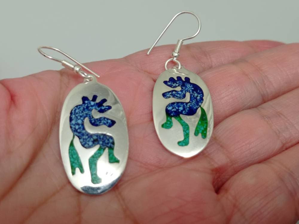 Crushed malachite and turquoise inlay kokopeli earrings,silver plated mexican earrings,hook dangle  earrings, aztec earrings, oval earrings