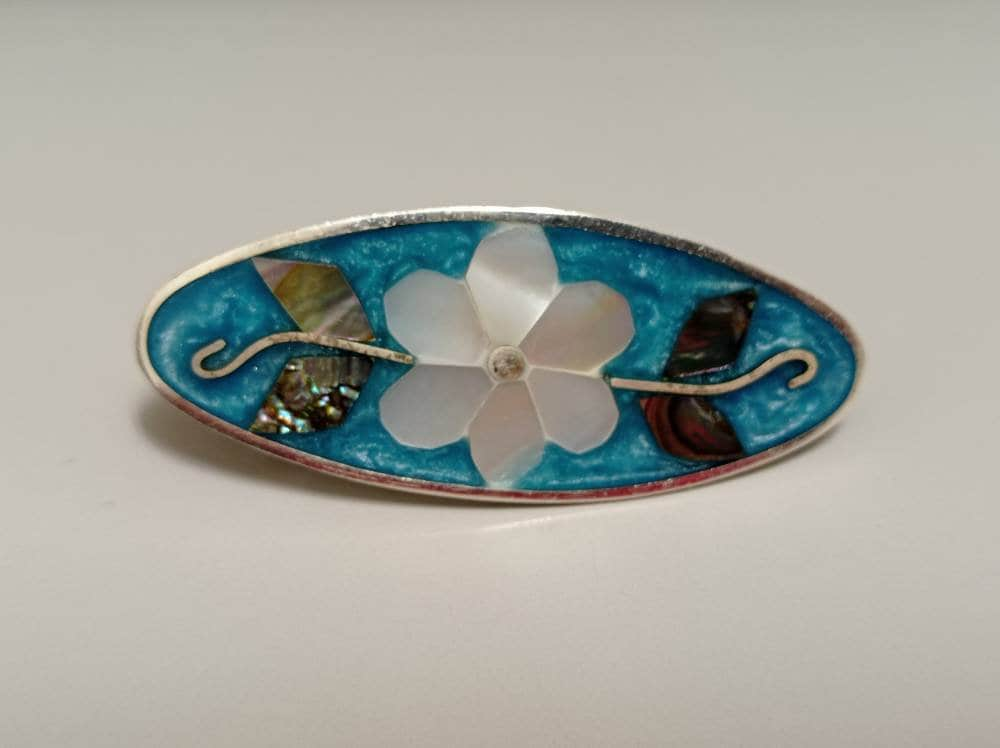 Mini mother of pearl daisy  inlay light blue hair barrette,,silver plated abalone mexican french hair clip, handmade enamel hair jewelry